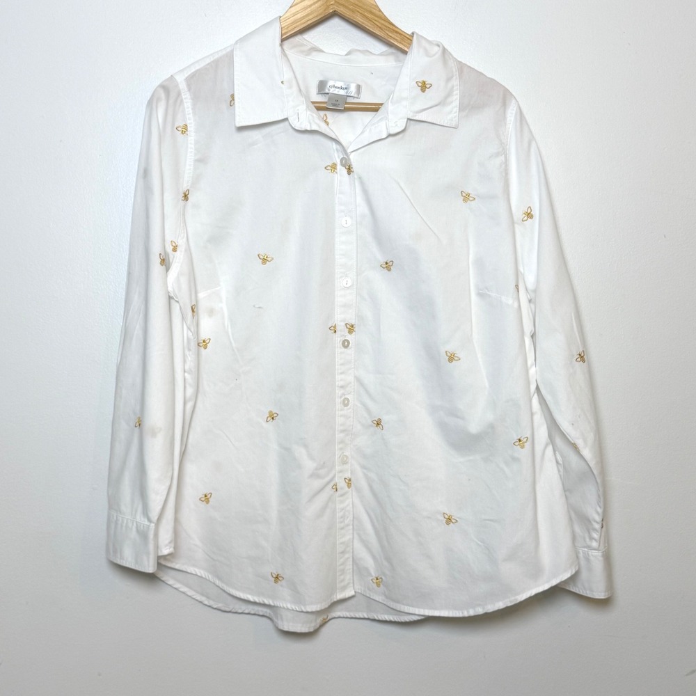CJ Banks White Embroidered Honey Bee Cotton Button Down Shirt Plus 1X 1284